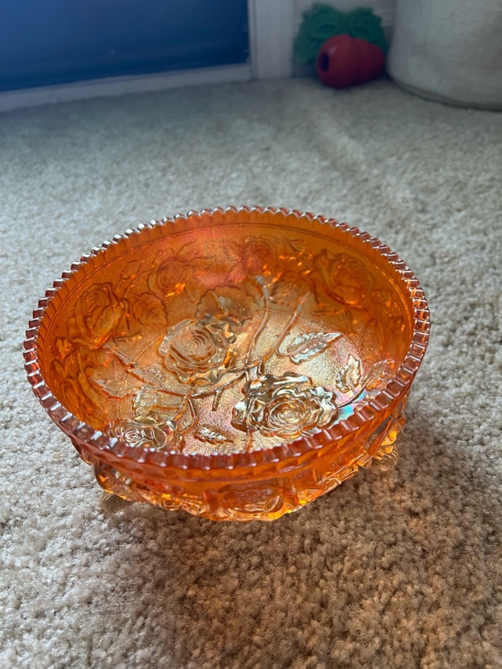 Orange Carnival Glass Rose Dish - Decorative Home Dining Bowl